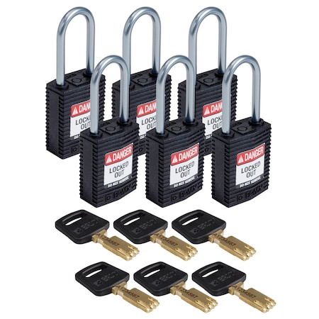 Brady Padlock, Keyed Different, Nylon, Black, 6 PK CPT-BLK-38AL-KD6PK